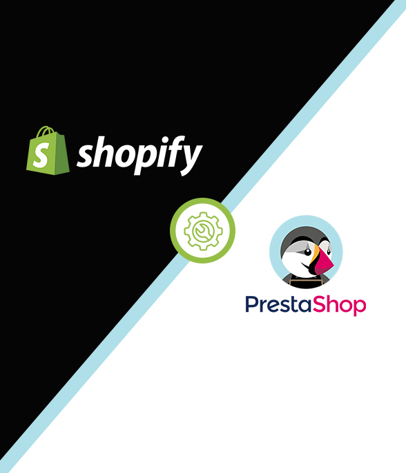 Geteiltes Bild mit Shopify-Logo auf der linken Seite und PrestaShop-Logo auf der rechten Seite, getrennt durch ein Zahnrad-Symbol in der Mitte.