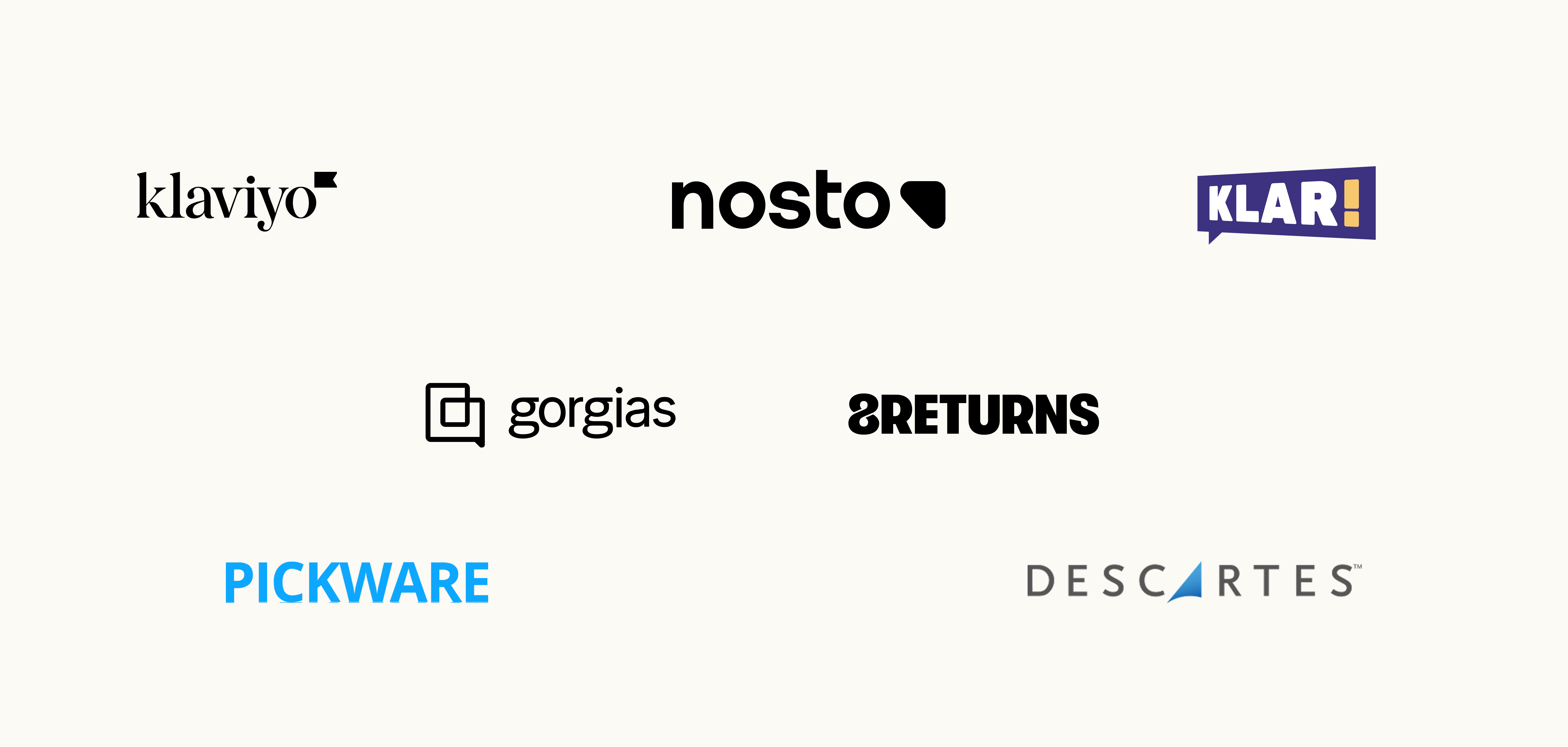 Logos von sieben Unternehmen: Klaviyo, Nosto, Klar, Gorgias, 8Returns, Pickware und Descartes, angeordnet auf einem einfarbigen Hintergrund.