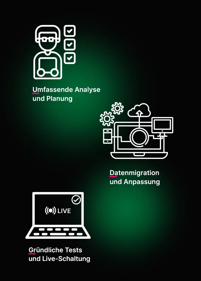 Infografik mit Symbolen: Analyse, Datenmigration und Tests. Der deutsche Text beschreibt umfassende Planung, Migration und Live-Tests.