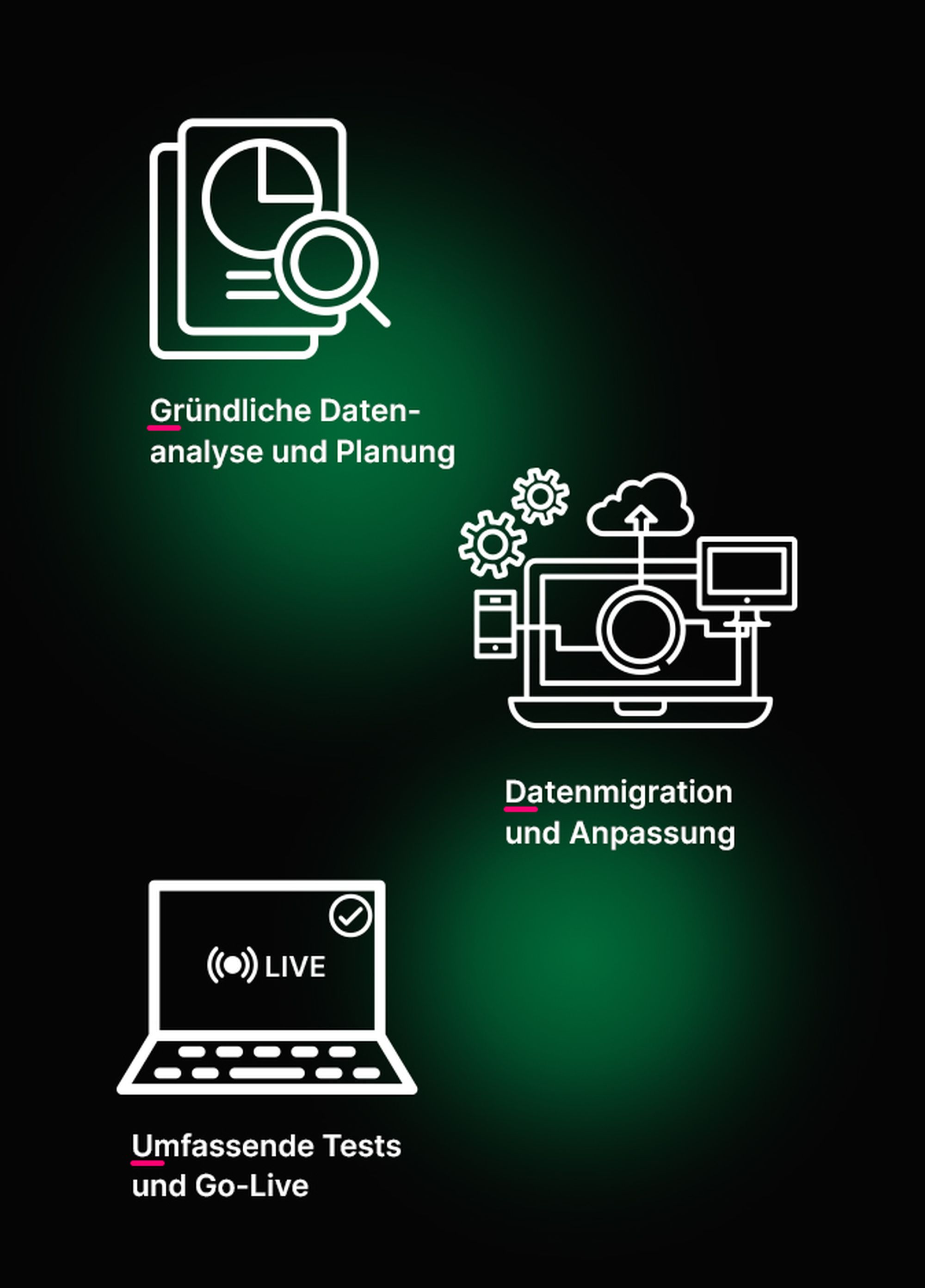 Symbole, die Datenanalyse-, Migrations- und Testprozesse darstellen, mit deutschem Text: „Gründliche Datenanalyse und Planung“, „Datenmigration und Anpassung“, „Umfassende Tests und Go-Live“.