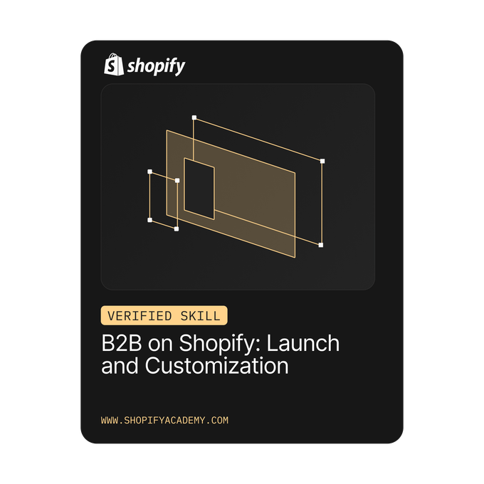 Shopify-Badge mit der Aufschrift „Verifizierte Kompetenz: B2B auf Shopify: Einführung und Anpassung” mit überlappenden Rechteckgrafiken.