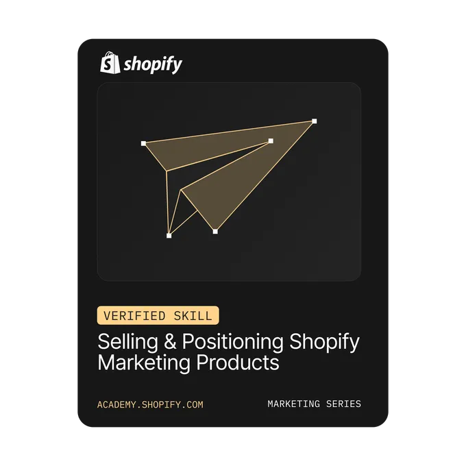 Shopify-Abzeichen für „Selling & Positioning Shopify Marketing Products“ mit einer goldenen Papierflieger-Illustration.