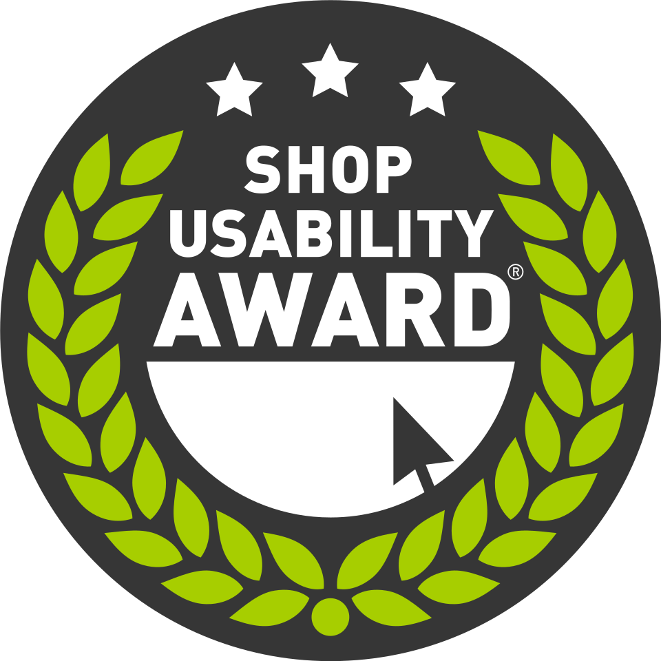 Rundes „Shop Usability Award“-Logo mit drei Sternen, grünen Lorbeerblättern und einem Mauszeiger.