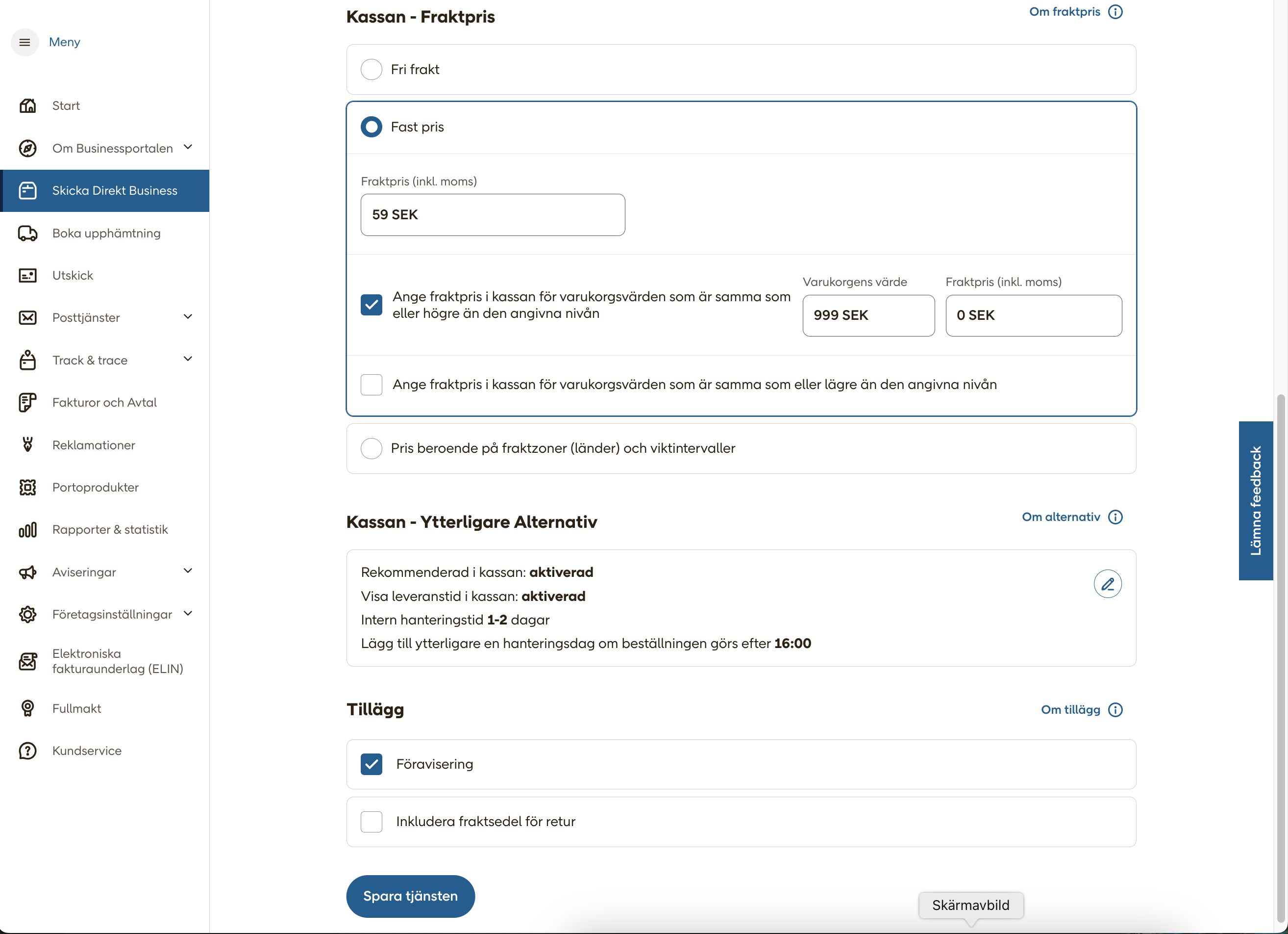 screenshot: configure shipping option