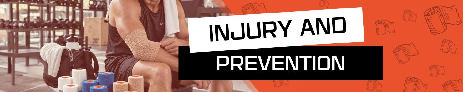 A person sits on a bench in a gym with an arm wrapped in a bandage, surrounded by rolls of tape. The text reads "Injury and Prevention."