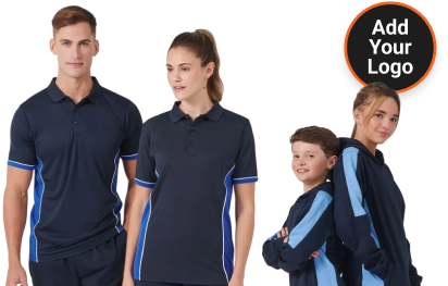 2 adult and 2 kids standing back to back with custom work wear and text that says add your logo
