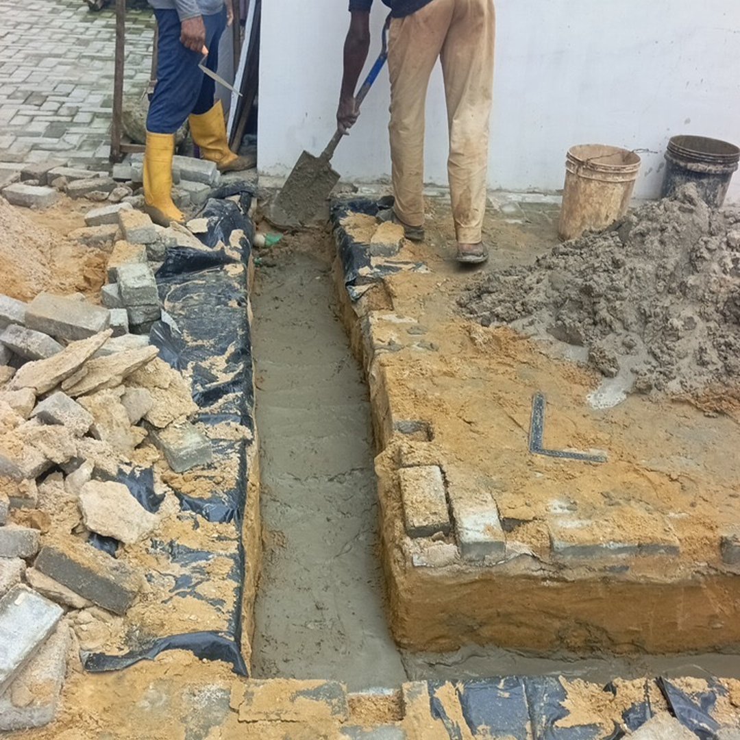 Construction workers shovelling wet concrete into a narrow trench beside a white wall, surrounded by loose bricks, sand, and black membrane sheeting.