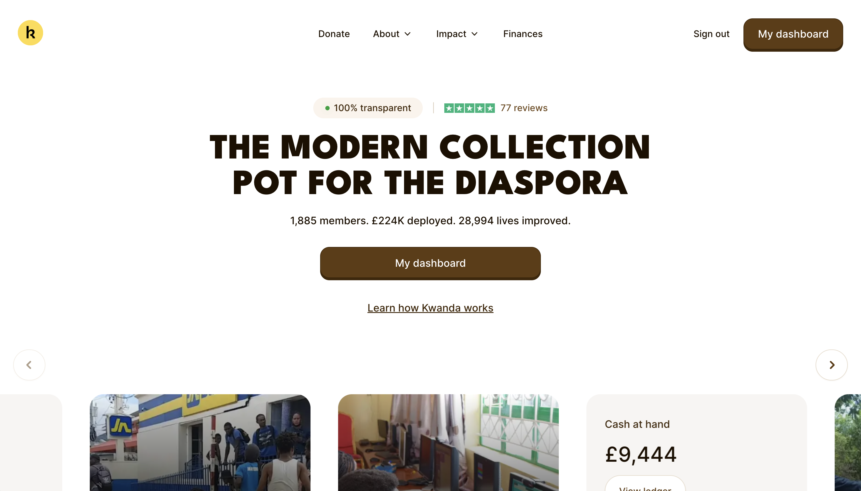 The old Kwanda homepage: a cream background, brown rounded buttons, and a playful, informal look.