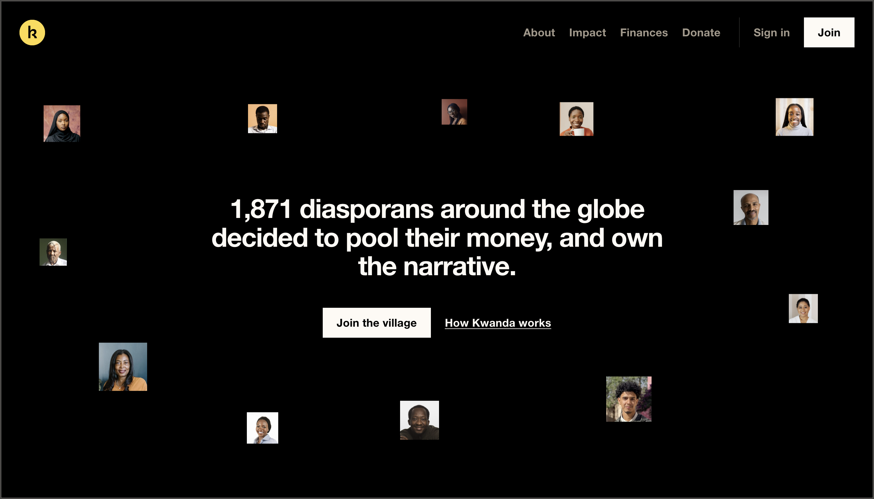 The Kwanda homepage on a black page: one statement in large white type, surrounded by small portraits of members.