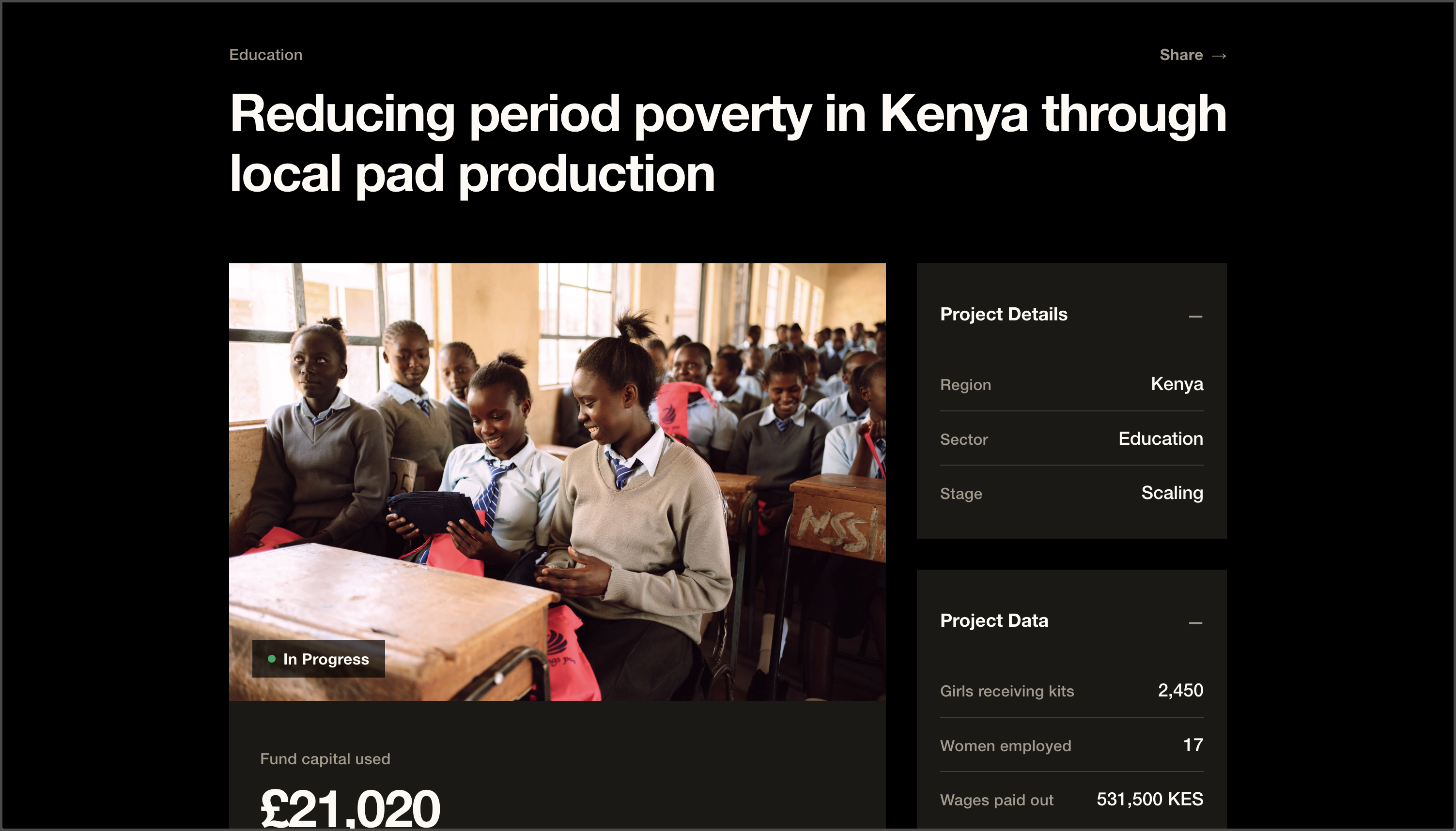 A project page for period poverty in Kenya: a photograph of schoolgirls beside panels of project details and figures.