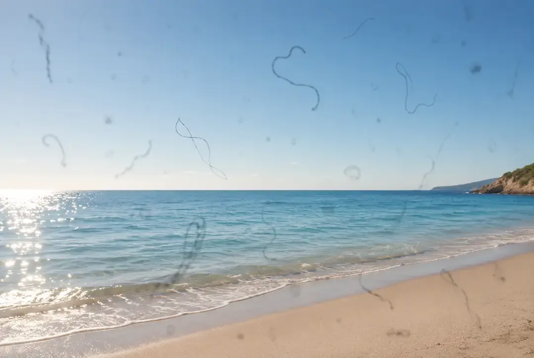 Ein sonniger Sandstrand mit türkisfarbenem Meer und strahlend blauem Himmel, betrachtet durch ein verschmiertes Glasfenster mit wirbelnden Flecken.