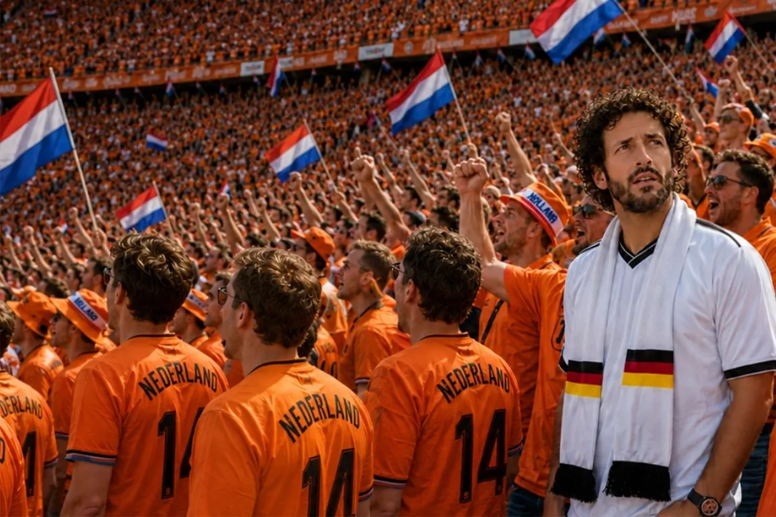 Ein einzelner Mann mit einem deutschen Schal steht inmitten einer riesigen Menge niederländischer Fußballfans, die orangefarbene „Nederland" Trikots tragen und mit niederländischen Flaggen winken.