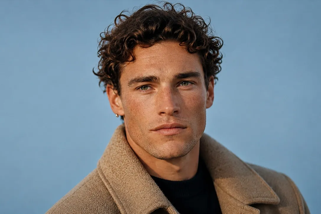 Image Ein junger Mann mit lockigem braunem Haar und grünen Augen, der einen kamelfarbenen Mantel über einem schwarzen Rollkragenpullover trägt, posiert vor einem zartblauen Hintergrund.