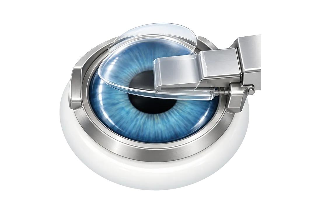 Image Illustration eines Auges bei der LASIK: Ein Mikrokeratom erzeugt einen dünnen Flap in der Hornhaut.