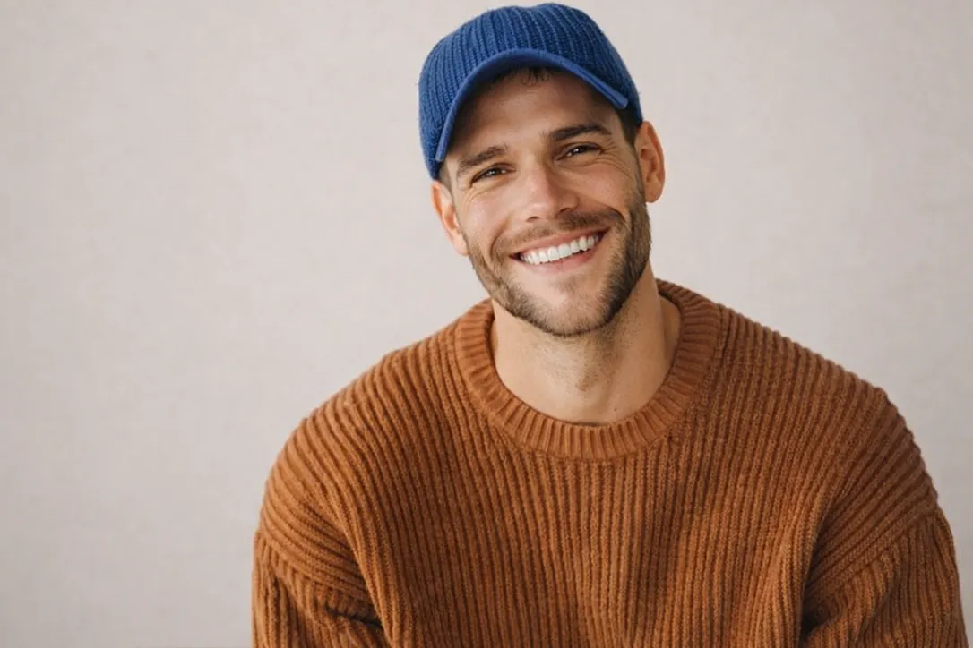 Image Lächelnder Mann mit blauer Mütze und braunem Pullover vor einfarbigem Hintergrund.