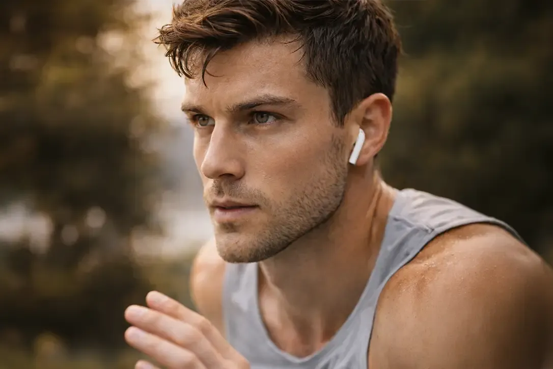 Ein junger Mann, der im Freien läuft, mit kabellosen Ohrhörern und einem grauen Tanktop, mit konzentriertem Gesichtsausdruck und Schweißperlen auf der Haut. (KI-generiert)
