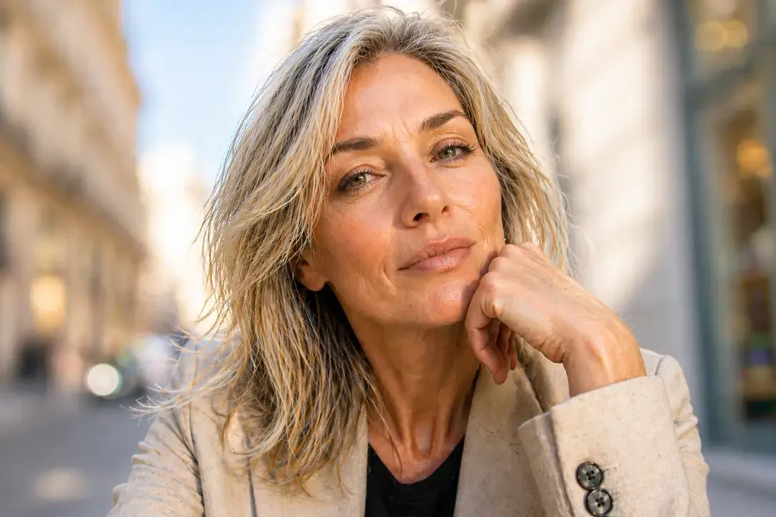 Eine selbstbewusste Frau mittleren Alters mit graublondem Haar, die ihr Kinn auf die Hand stützt und einen beigen Blazer trägt, mit Gebäuden im Hintergrund. (KI-generiert)