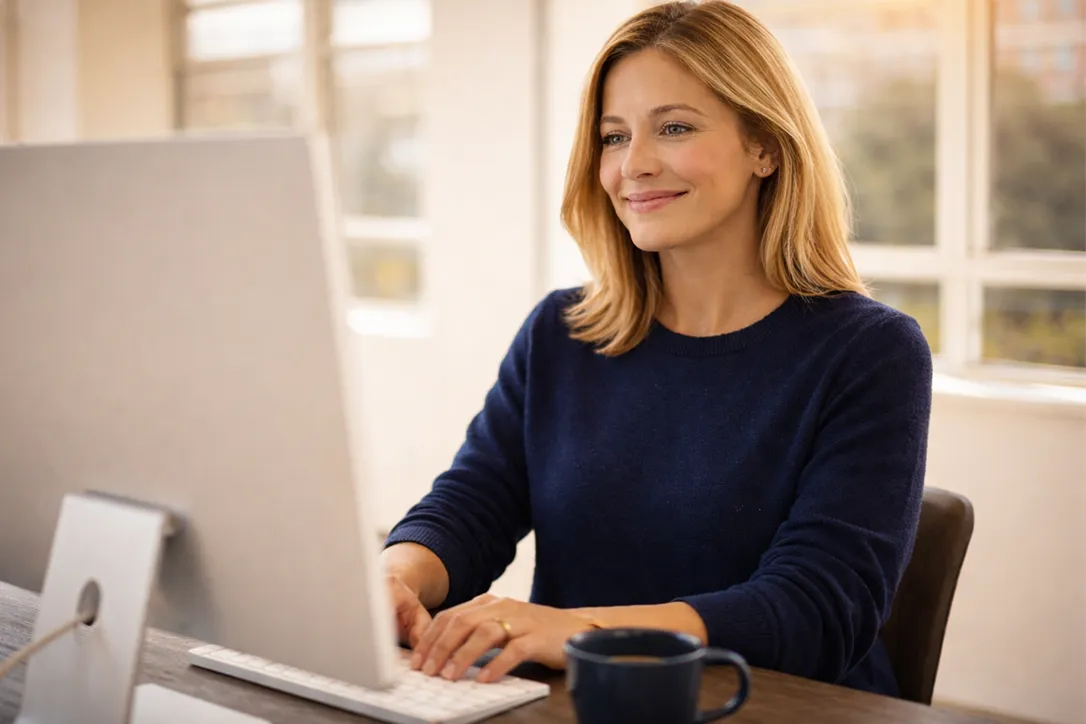 Image Frau in einem blauen Pullover, die lächelnd an einem Desktop-Computer in einem hellen Büro mit großen Fenstern und einer Kaffeetasse in der Nähe arbeitet.