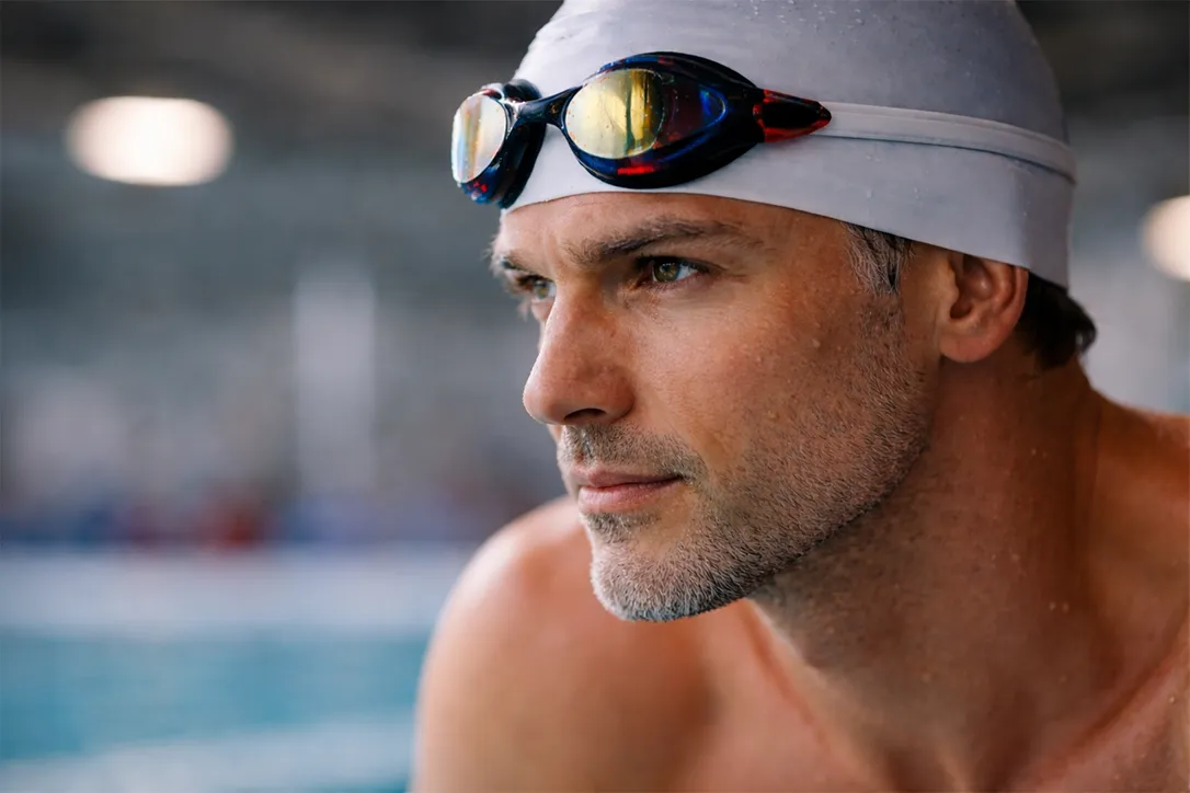 Image Ein Mann mit Badekappe und Schwimmbrille sieht konzentriert aus. Er hat Wassertropfen im Gesicht und einen verschwommenen Poolhintergrund.
