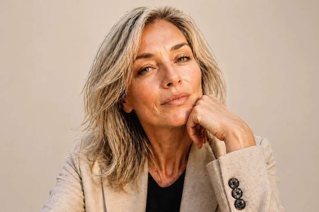 Eine selbstbewusste Frau mittleren Alters mit graublondem Haar, die ihr Kinn auf die Hand stützt und einen beigen Blazer trägt, vor einem neutralen Hintergrund.
