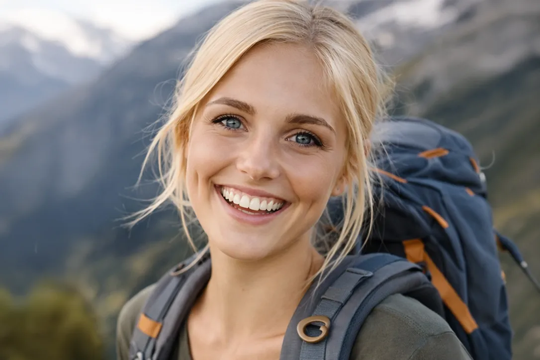 Eine junge blonde Frau mit einem Rucksack auf dem Rücken lächelt im Freien, im Hintergrund sind verschwommene Bäume und Berge zu sehen.