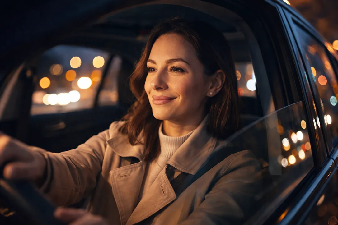 Image Lächelnde Frau, die nachts Auto fährt, während draußen die Lichter der Stadt leuchten.