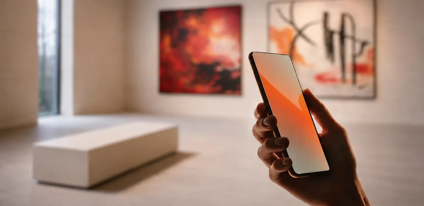 Unscharfe Fernsicht in einer Galerie bei Kurzsichtigkeit, während das Smartphone in der Nähe scharf erscheint.