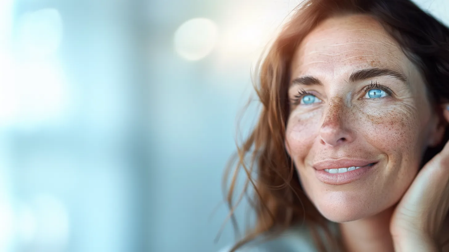 Lächelnde Frau mit blauen Augen und gewelltem Haar, die ihr Gesicht berührt und vor einem unscharfen Hintergrund zur Seite blickt.