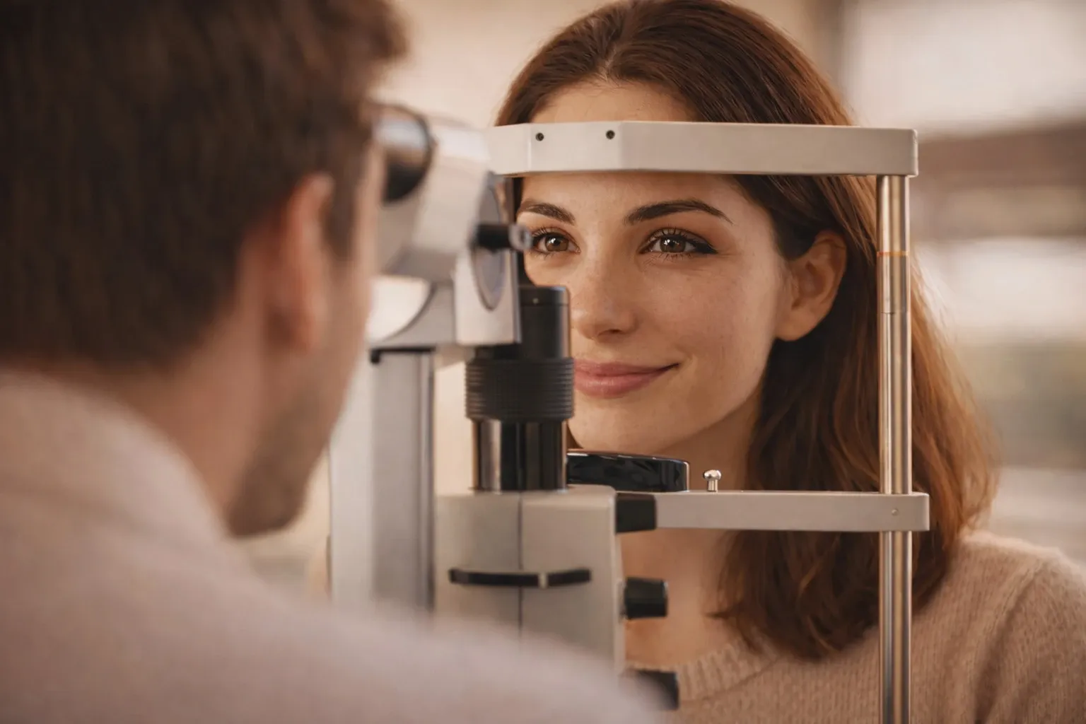 Augen OP Linse: Patientin bei der augenärztlichen Voruntersuchung mit Spaltlampe zur Planung einer Linsenoperation bei Smile Eyes.