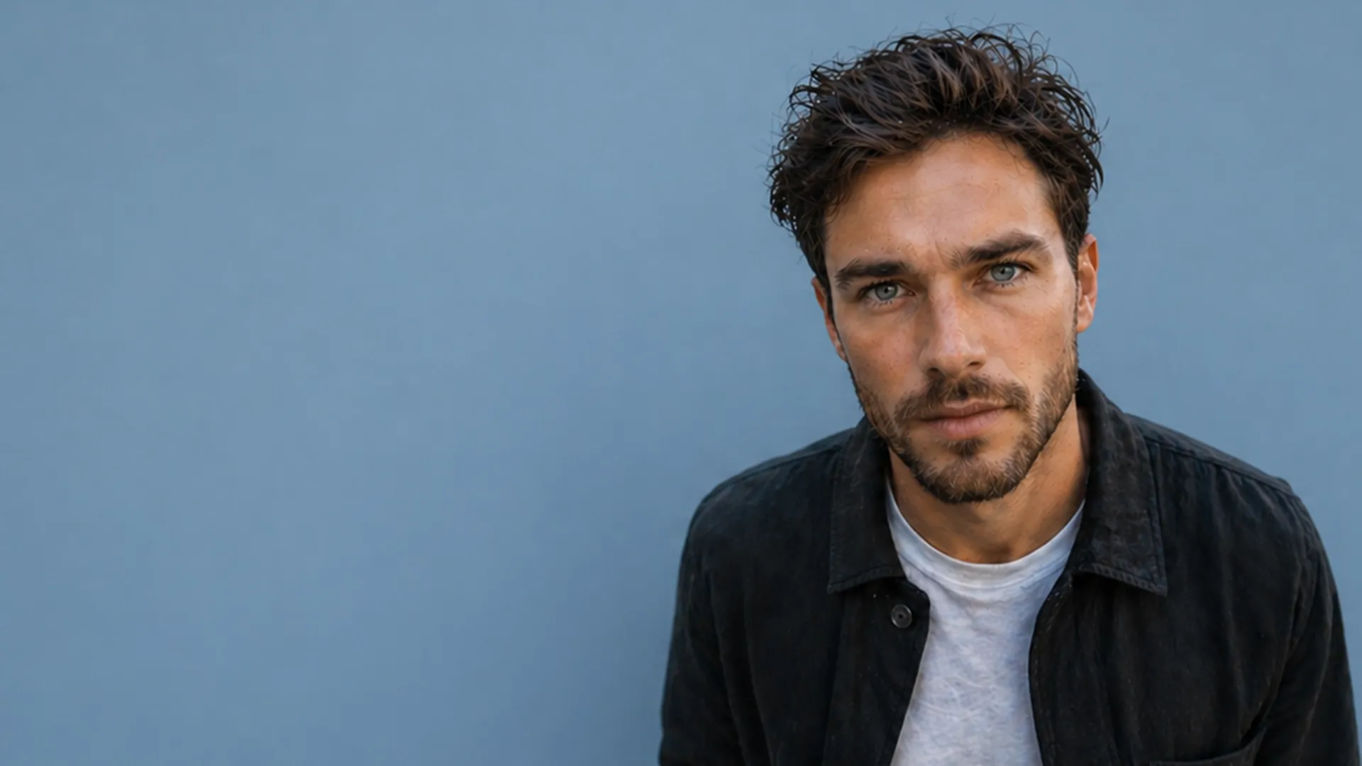 Ein junger Mann mit blauen Augen und dunklem, welligem Haar, der eine schwarze Jacke über einem weißen T-Shirt trägt und vor einer blassblauen Wand posiert.