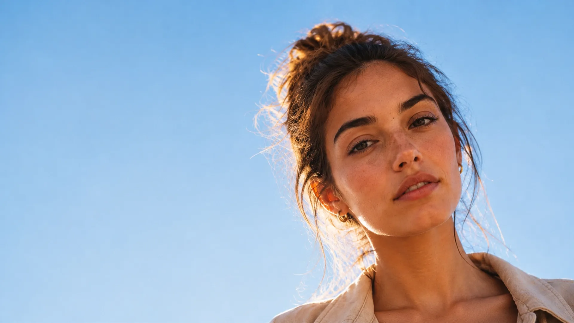 Eine junge Frau mit einem lockeren Dutt und Sommersprossen, die vor einem strahlend blauen Himmel in warmes Sonnenlicht getaucht ist und ein beiges Oberteil trägt.