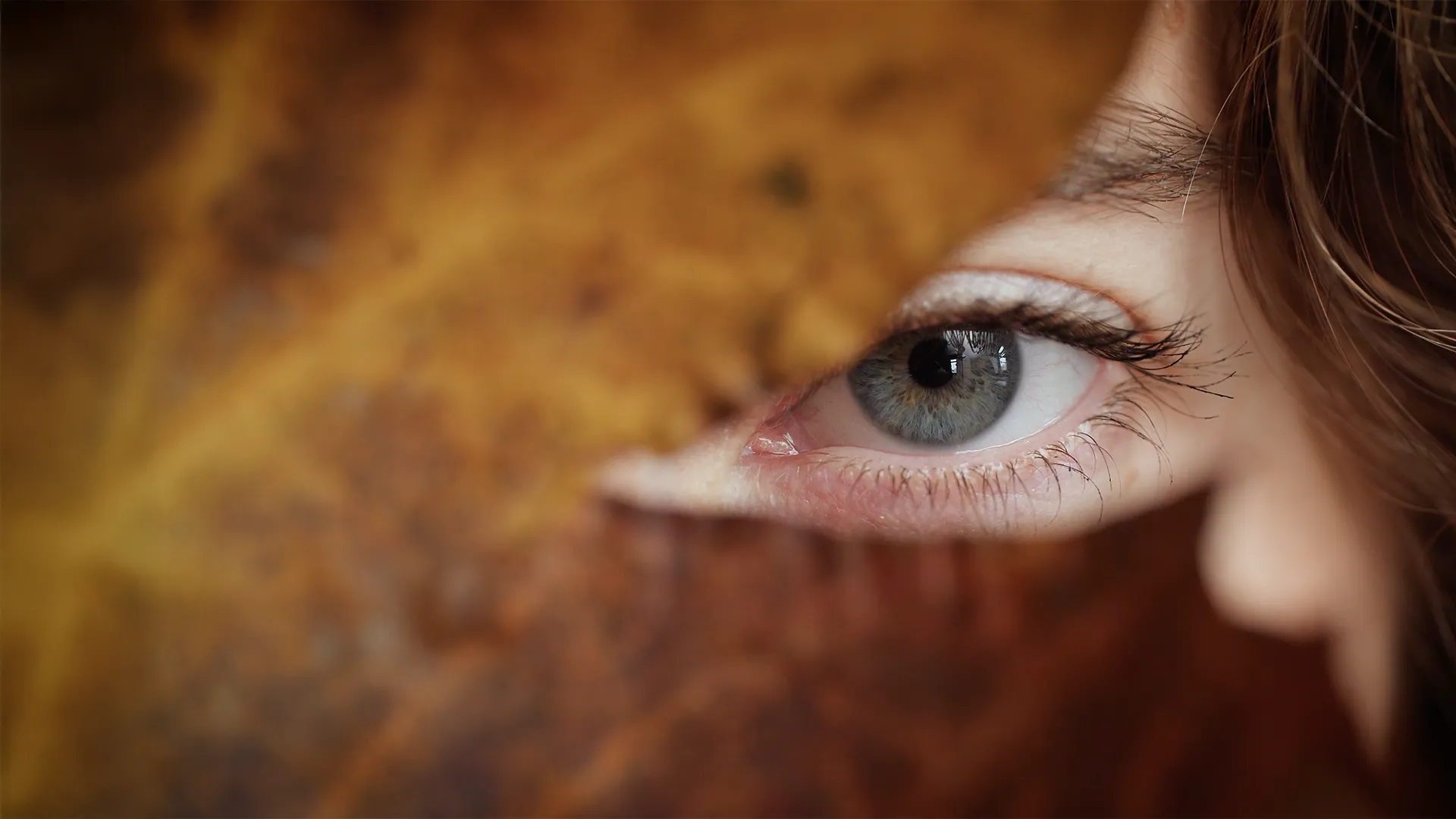 Nahaufnahme eines geschlossenen Auges vor einem strukturierten, warmtonigen Hintergrund, wobei sanftes Licht die blau-grauen Augen und Augenbrauen hervorhebt.