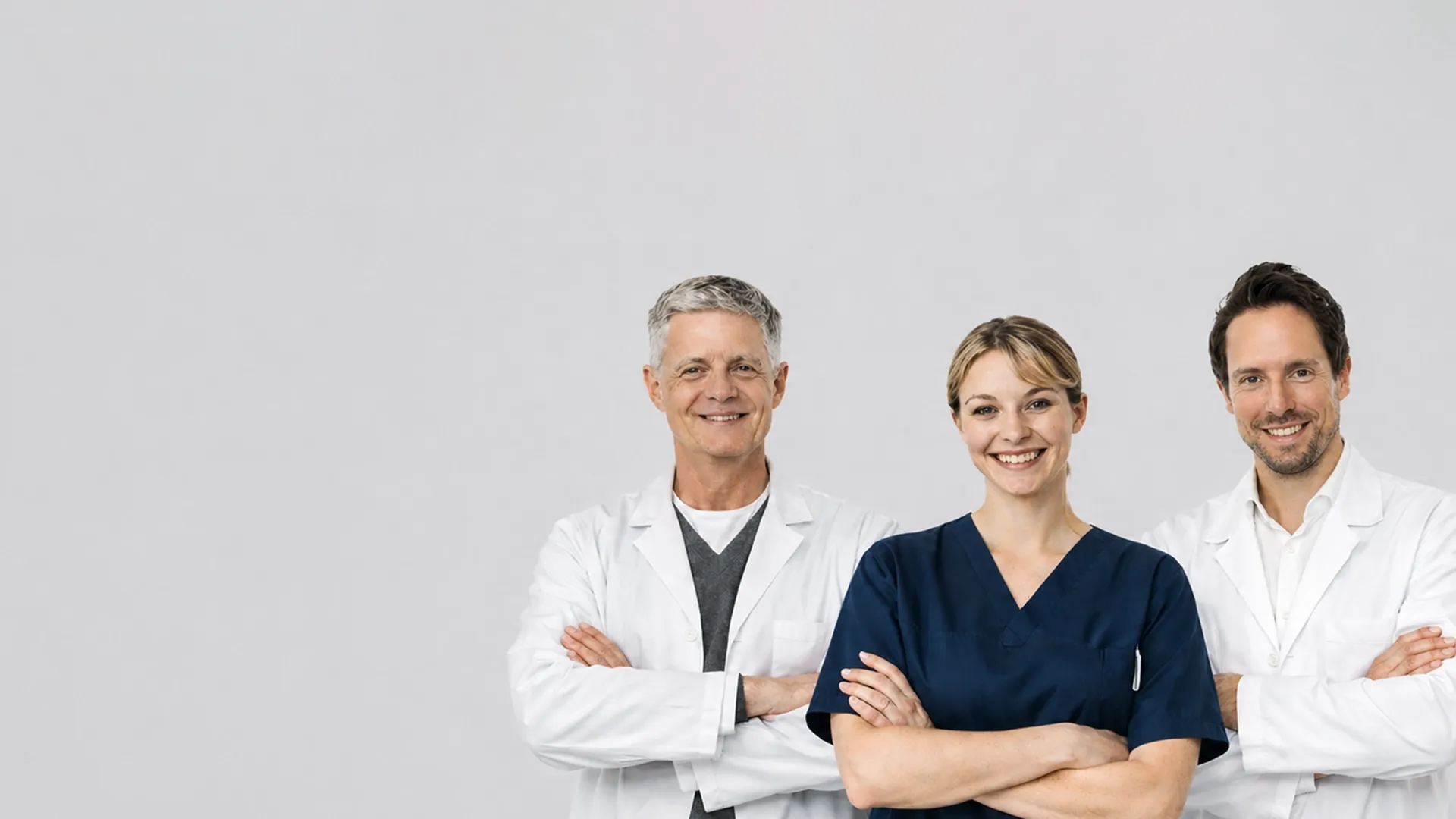 Drei lächelnde medizinische Fachkräfte mit verschränkten Armen: zwei Ärzte, Dr. Wilftfang und Dr. Bechmann in weißen Kitteln und eine medizinische Fachangstellte in dunkelblauer Arbeitskleidung vor grauem Hintergrund.