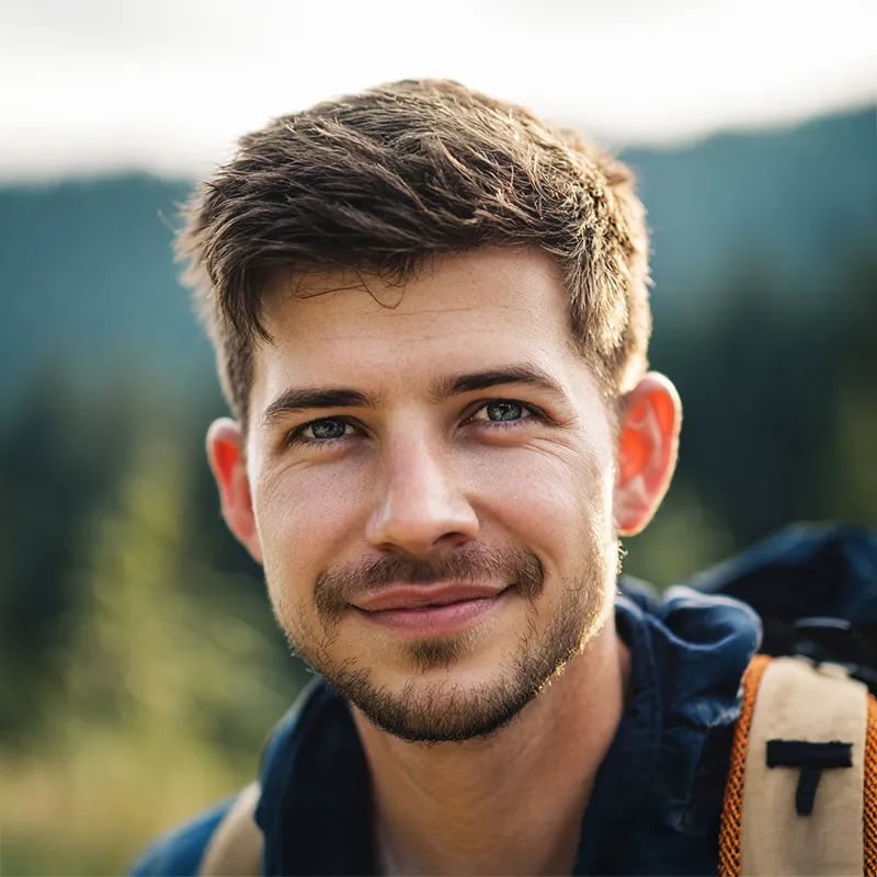Ein Mann mit kurzen Haaren und einem Rucksack lächelt im Freien, im Hintergrund sind verschwommene Bäume und Berge zu sehen.