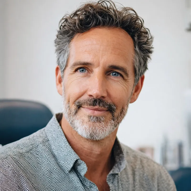 Ein Mann der bei einer Augenvoruntersuchung im Behandlungszimmer sitz und zur Augenärztin schaut.