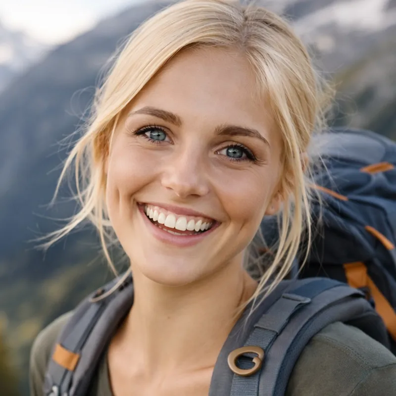 Eine junge blonde Frau mit einem Rucksack auf dem Rücken lächelt im Freien, im Hintergrund sind verschwommene Bäume und Berge zu sehen.