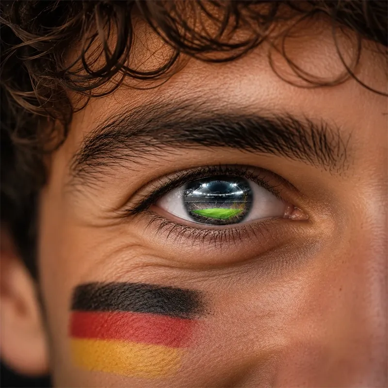Nahaufnahme eines Auges, in dem sich ein beleuchtetes Stadion spiegelt, mit dunklen Augenbrauen und Wimpern, als Symbol für die Sichtweise eines Sportfans.