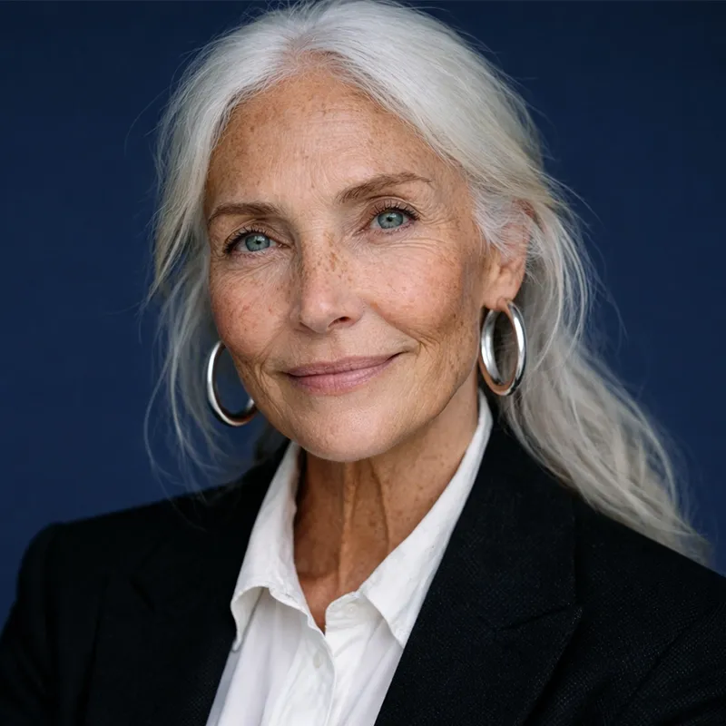 Eine elegante ältere Frau mit langem silbernem Haar, blauen Augen, Creolen und einem schwarzen Blazer, die vor einem dunkelblauen Hintergrund lächelt.