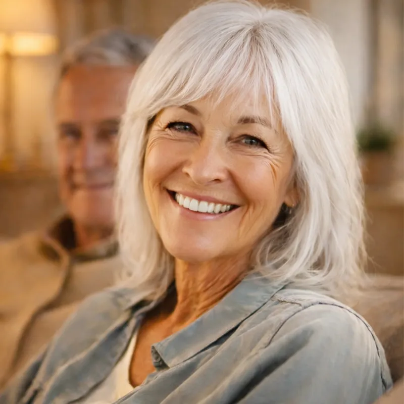 Lächelnde ältere Frau mit weißem Haar, die ein helles Hemd trägt und drinnen sitzt, mit einem verschwommenen älteren Mann im Hintergrund.