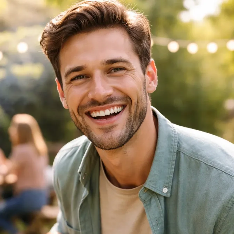 Lächelnder Mann beim Grillen im sommerlichen Garten, warmes Sonnenlicht im Hintergrund, Fokus auf seinem Gesicht und seinen Augen.