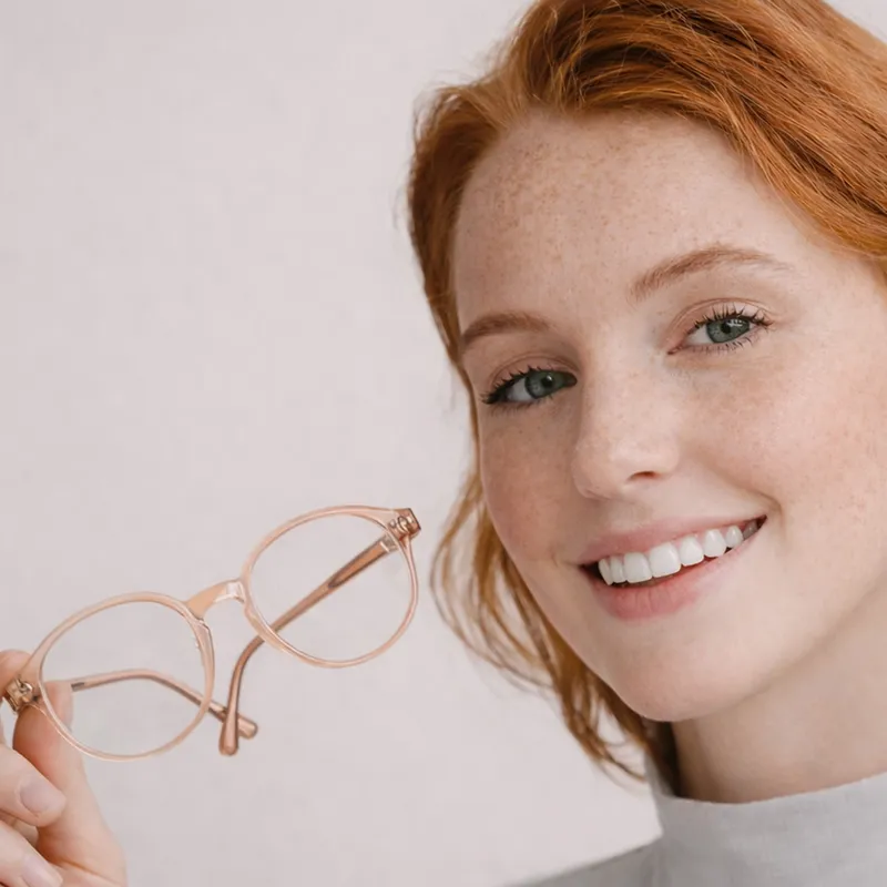 Lächelnde Frau mit roten Haaren hält eine Brille in der Hand und trägt einen grauen Rollkragenpullover. Heller Hintergrund.