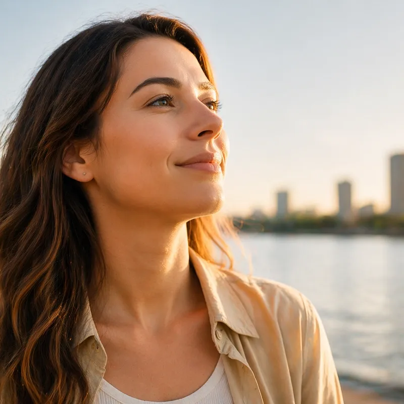 Eine Frau mit langen Haaren lächelt und blickt bei Sonnenuntergang am Ufer in die Ferne, im Hintergrund ist die Skyline der Stadt zu sehen.