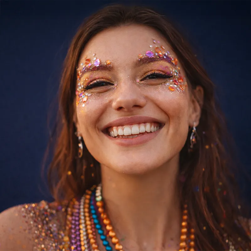 Lächelnde Frau mit buntem Glitzer-Make-up und Perlenketten vor einem dunkelblauen Hintergrund.