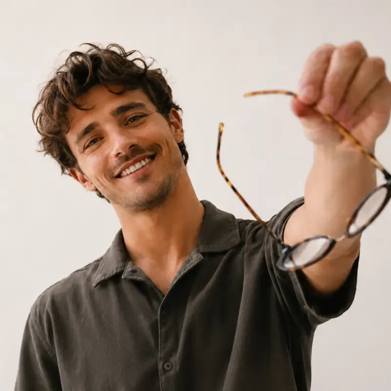 Ein lächelnder junger Mann mit lockigem Haar, der eine Brille mit Schildpattrahmen in Richtung Kamera hält; er trägt ein dunkelolivfarbenes Hemd vor einem hellen Hintergrund.