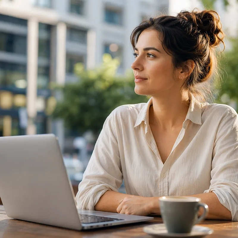 Eine Frau in einem weißen Hemd sitzt draußen an einem Tisch, blickt zur Seite und hat einen Laptop und eine Kaffeetasse vor sich stehen. Städtischer Hintergrund.