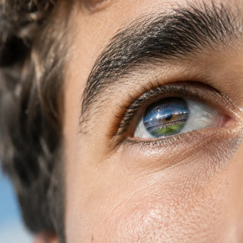 Nahaufnahme eines Auges, in dem sich ein beleuchtetes Stadion spiegelt, mit dunklen Augenbrauen und Wimpern, als Symbol für die Sichtweise eines Sportfans.