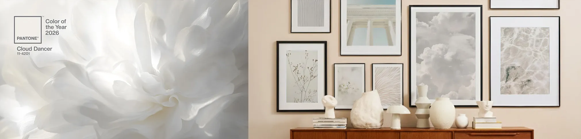 Banner zur JUNIQE Kollektion in der Pantone-Farbe Cloud Dancer 2026