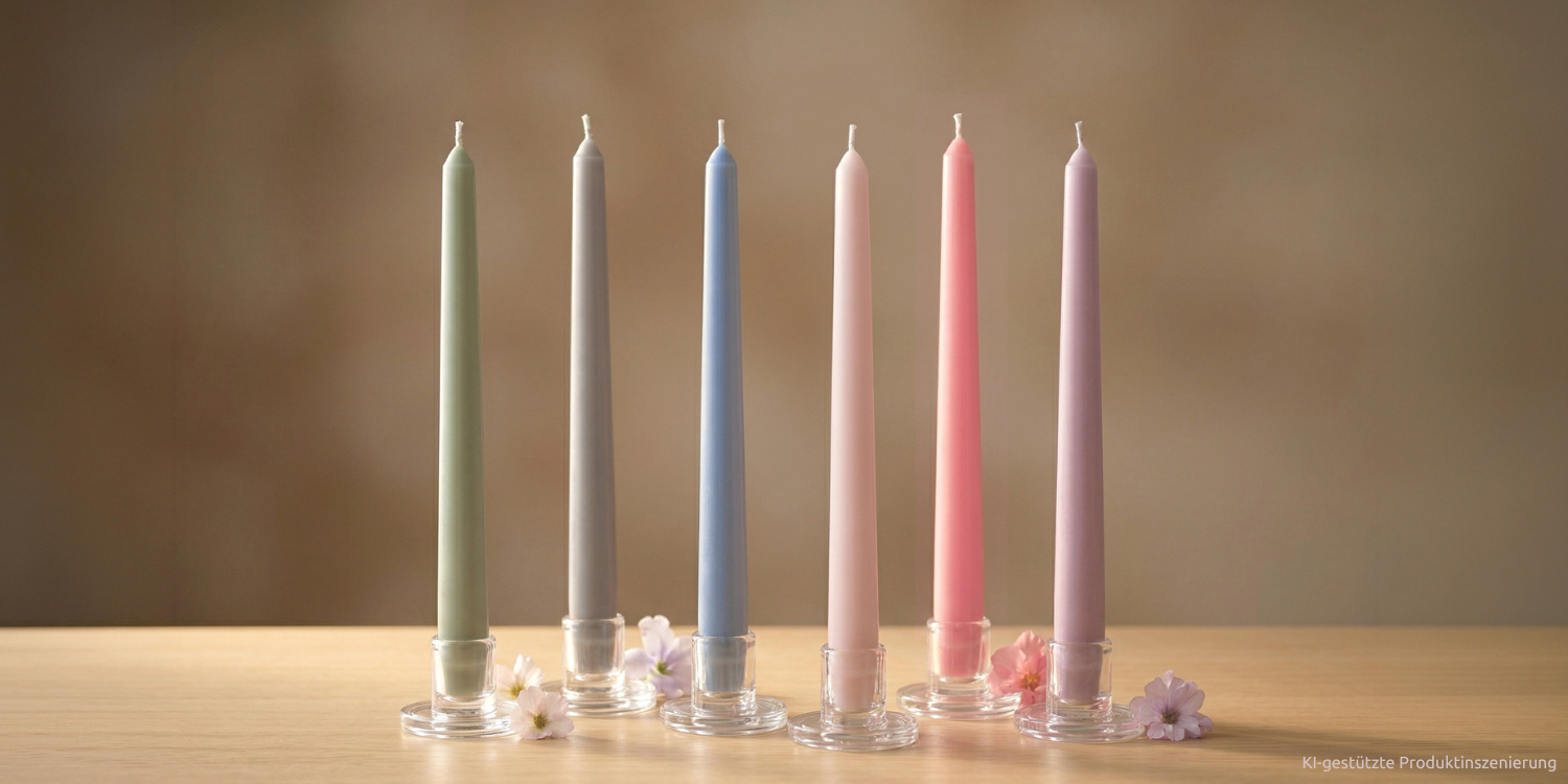 Kerzen in verschiedenen Farben in Kerzenhaltern nebeneinander (KI-gestützte Produktinszenierung)