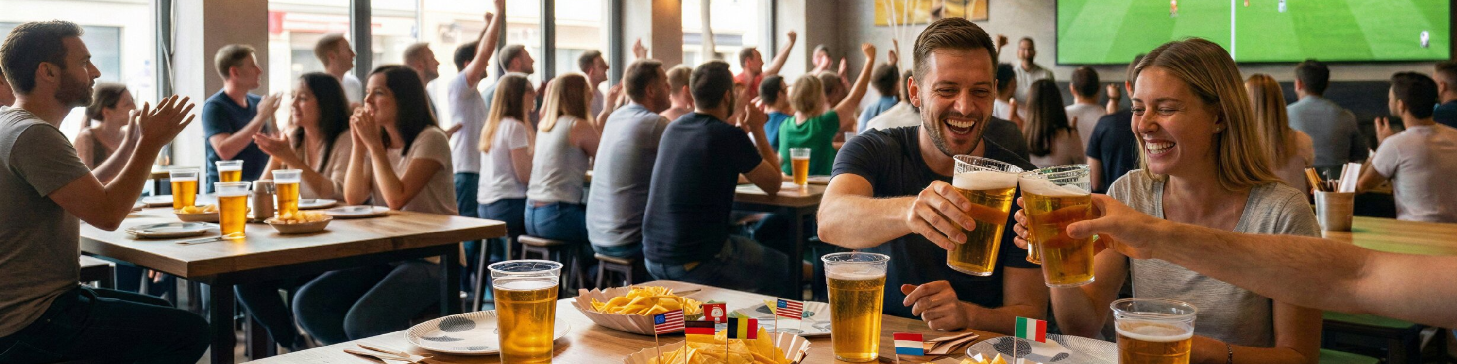 Menschen feiern Fußball beim Public Viewing in Gastronomie