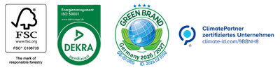 vier Logos: FSC, ISO, Green Brand, Climate Partner
